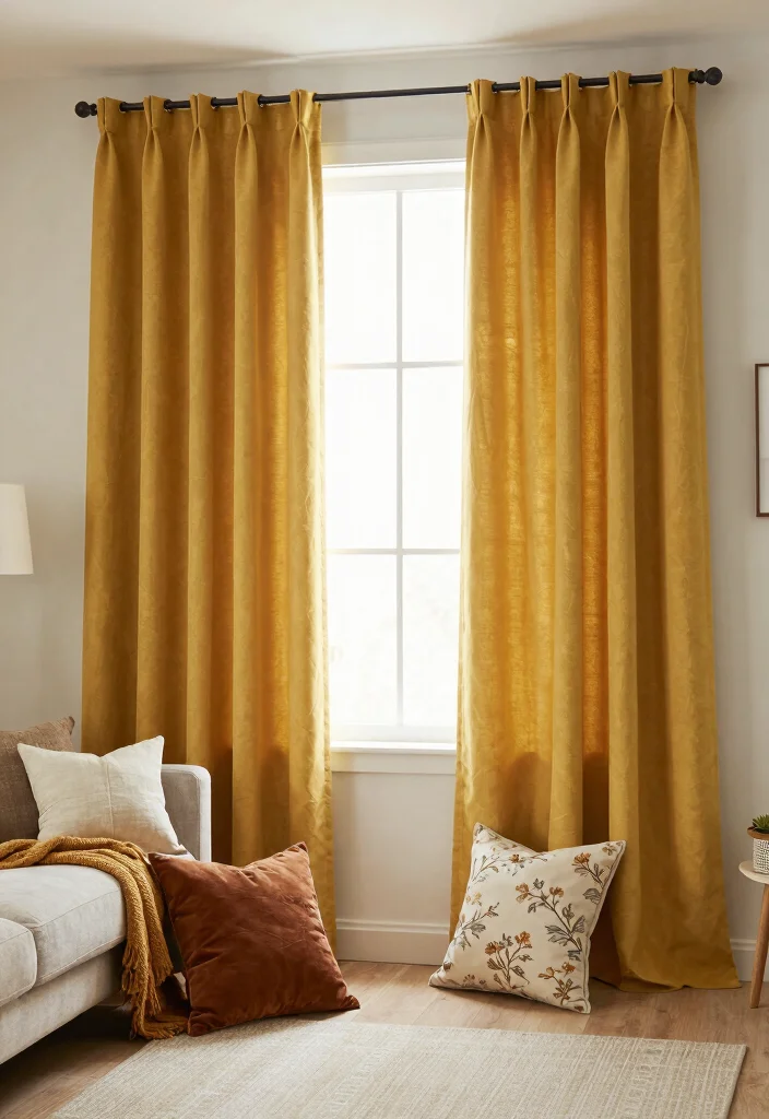16 Mustard Curtains Living Room Ideas: Warm Trendy Pop 16 16 Mustard Curtains Living Room Ideas: Warm Trendy Pop - 16. Seasonal Swaps with Mustard Curtains 1