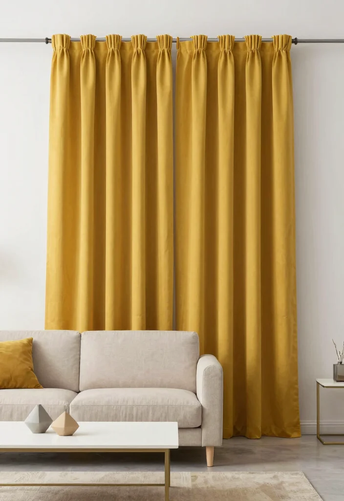 16 Mustard Curtains Living Room Ideas: Warm Trendy Pop 6 16 Mustard Curtains Living Room Ideas: Warm Trendy Pop - 6. Minimalist Mustard 1