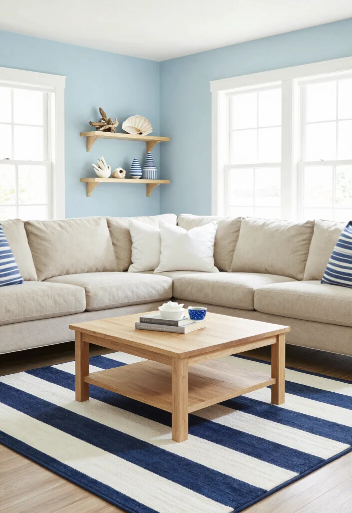 16 Navy Blue Rug Living Room Ideas: Rich Grounding Tone - 1. Nautical Charm with Striped Accents 1