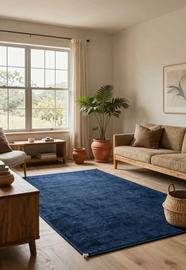 16 Navy Blue Rug Living Room Ideas: Rich Grounding Tone - 7. Earthy Tones and Navy Blue Harmony 1