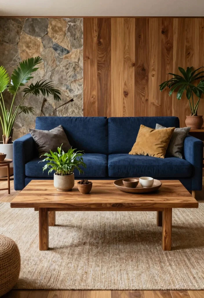 16 Navy Blue Sofa Living Room Ideas Bold Classic Style - 12. Embrace Natural Elements 1