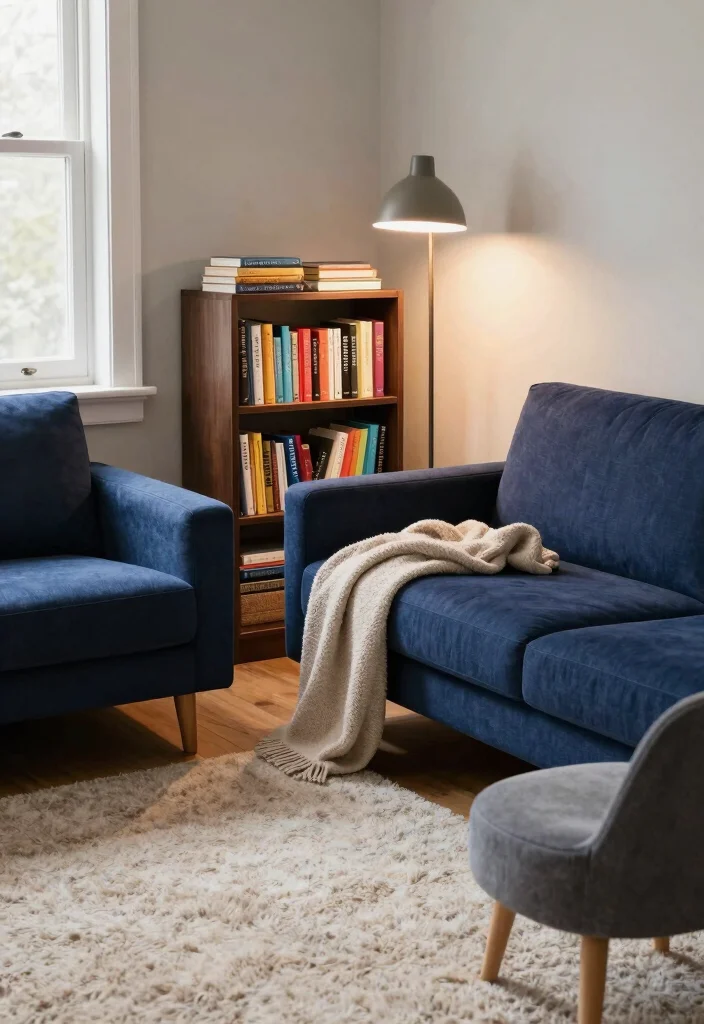 16 Navy Blue Sofa Living Room Ideas Bold Classic Style - 7. Cozy Reading Nook 1