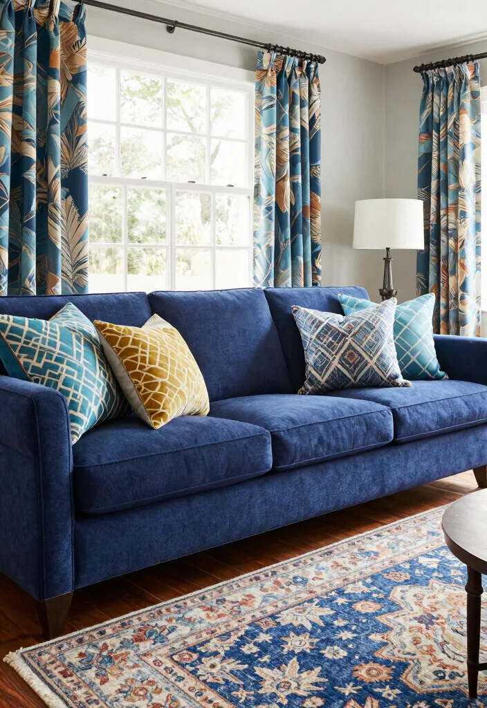 16 Navy Blue Sofa Living Room Ideas Bold Classic Style - 9. Play with Patterns 1