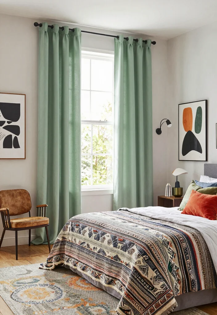 16 Sage Green Curtains Bedroom Ideas: Calm Elegant Touch - 11. Eclectic Mix 1
