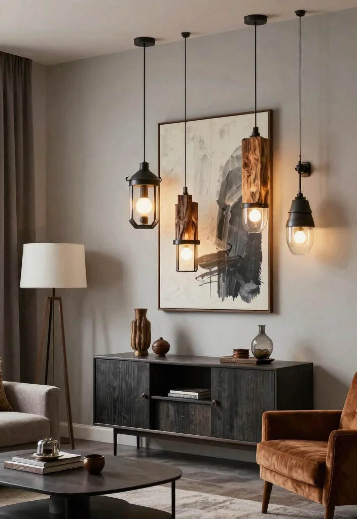 16 Wall Sconces Living Room Ideas for Soft Ambient Lighting - 13. Rustic Industrial-Mixed Sconces 1