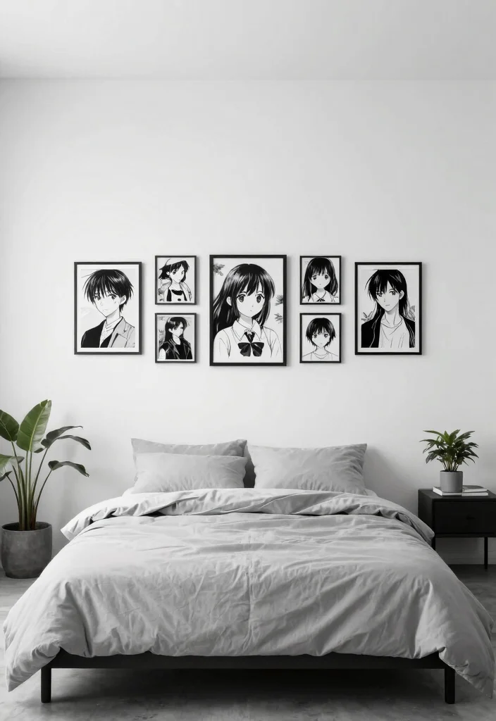 17 Anime Poster Wall Bedroom Ideas to Express Your Personal Style - 3. Minimalist Monochrome 1