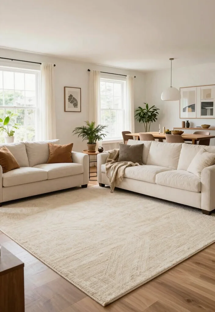 17 Cream Rug Living Room Ideas: Soft Neutral Base 12 17 Cream Rug Living Room Ideas: Soft Neutral Base - 12. Using Cream Rugs for Open Concept Spaces 1