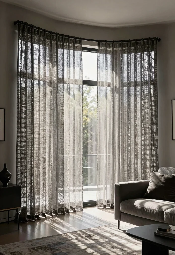 17 Curtains for Bay Window in Living Room Ideas Elegant Fit - 14. Netting and Lattice Curtains for Unique Design 1