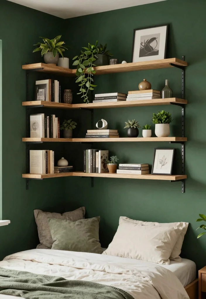 17 Dark Green and Cream Bedroom Ideas for an Elegant Natural Balance 16 17 Dark Green and Cream Bedroom Ideas for an Elegant Natural Balance - 16. Wall-Mounted Shelving 1