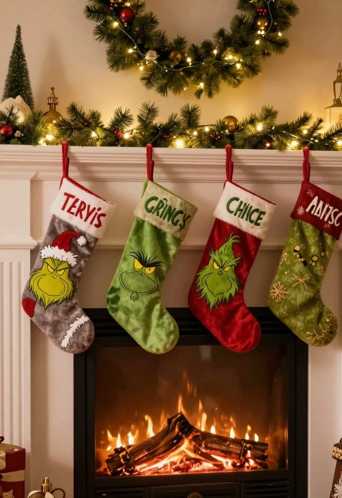 17 Grinch Living Room Decor Ideas for a Fun Festive Theme - 7. Grinchy Holiday Stockings 1