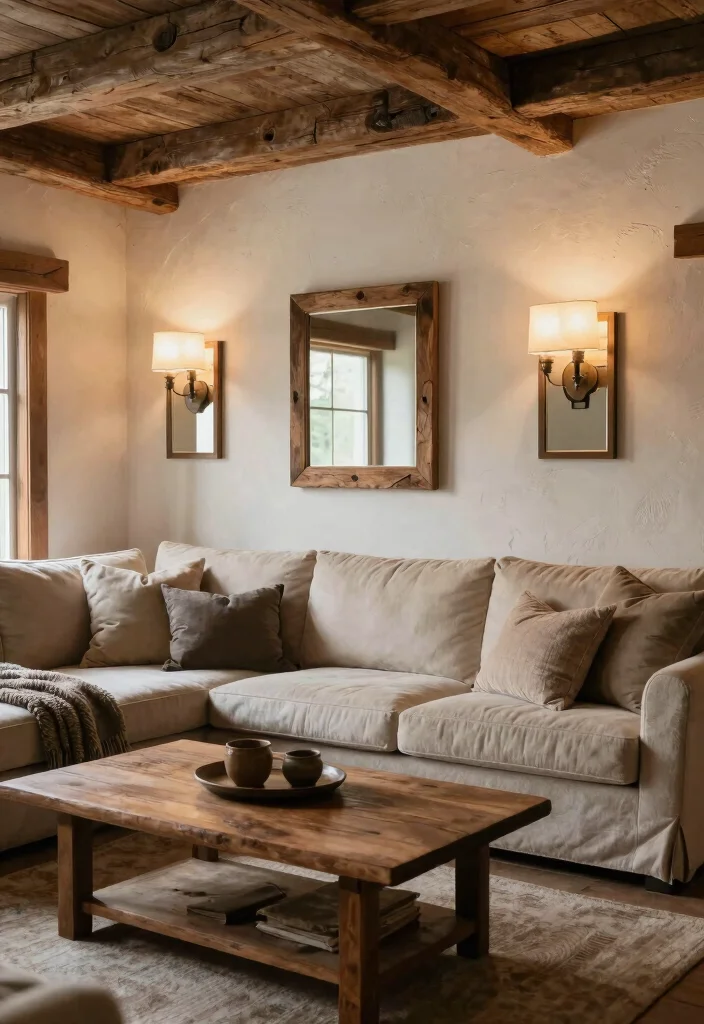 17 Living Room Wall Sconces Ideas for Elegant Layered Light - 15. Rustic Farmhouse Wall Sconces with Mirrors 1