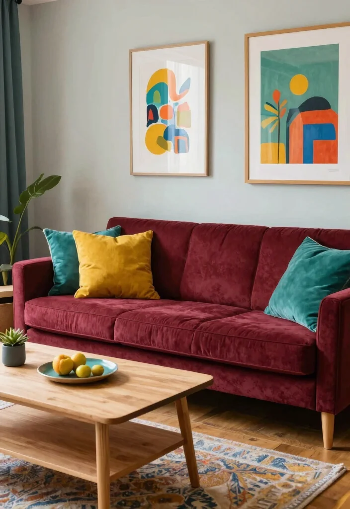 17 Maroon Sofa Living Room Ideas Rich Cozy Accent - 13. Bold Color Contrast 1