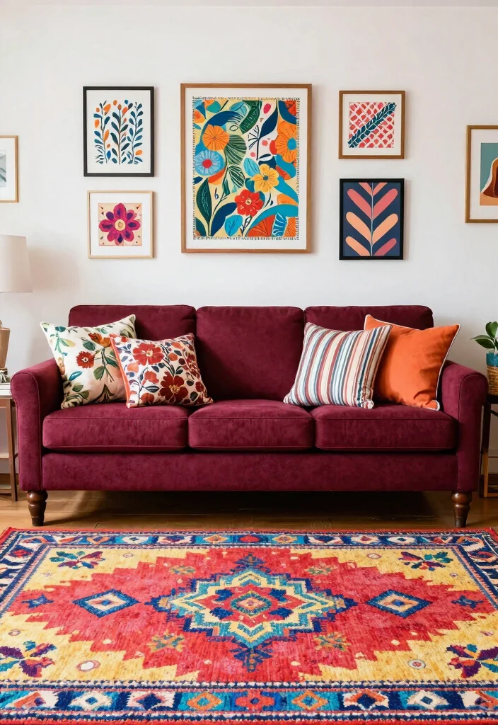 17 Maroon Sofa Living Room Ideas Rich Cozy Accent - 4. Playful Patterns 1