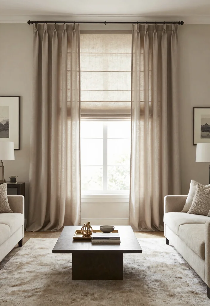 17 Roman Curtains Living Room Ideas Classic Clean Style - 8. Neutral Tones with a Twist 1
