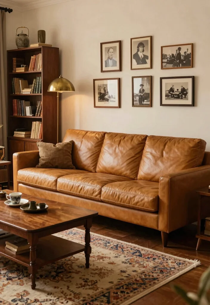 18 Leather Sofa Living Room Ideas Timeless Masculine Chic - 2. Vintage Charm with Modern Touches 1