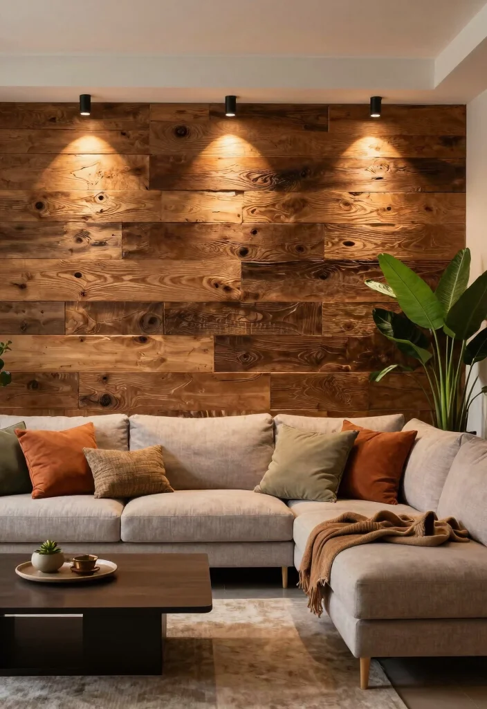 18 Living Room Wood Wall Ideas: Warm Textured Backdrop 10 18 Living Room Wood Wall Ideas: Warm Textured Backdrop - 10. Rustic Wood Accent Walls with Lighting 1