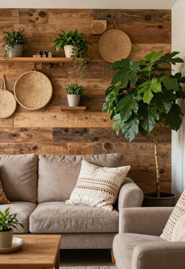 18 Living Room Wood Wall Ideas: Warm Textured Backdrop 17 18 Living Room Wood Wall Ideas: Warm Textured Backdrop - 17. Rustic Wood Wall with Natural Decor 1