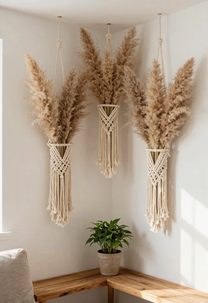 18 Pampas Grass Decor Living Room Ideas Soft Boho Texture - 4. Pampas Grass in Macrame Hangers 1