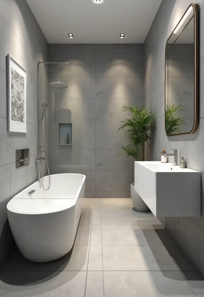 27 Bathroom Ideas Grey And White Combinations That Work - 1. Sleek Grey Tiles with White Fixtures 1