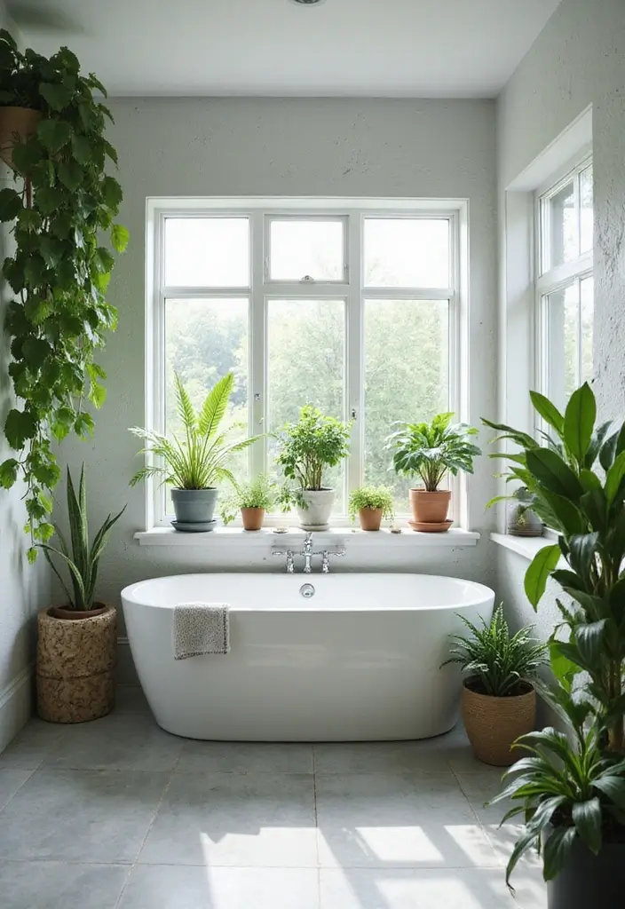 27 Bathroom Ideas Grey And White Combinations That Work - 10. Grey and White Bathroom Plants 1
