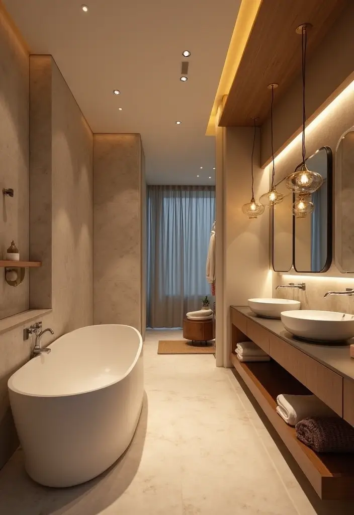 27 Bathroom Ideas Grey And White Combinations That Work - 18. Layered Lighting Techniques 1