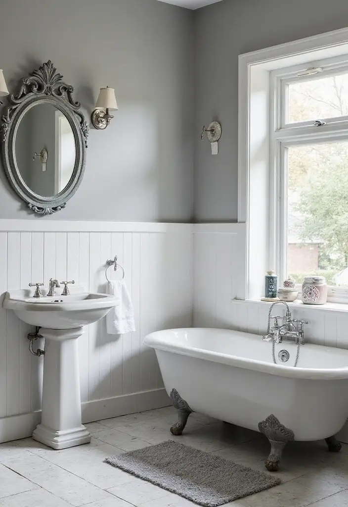 27 Bathroom Ideas Grey And White Combinations That Work - 19. Grey and White Vintage Accents 1