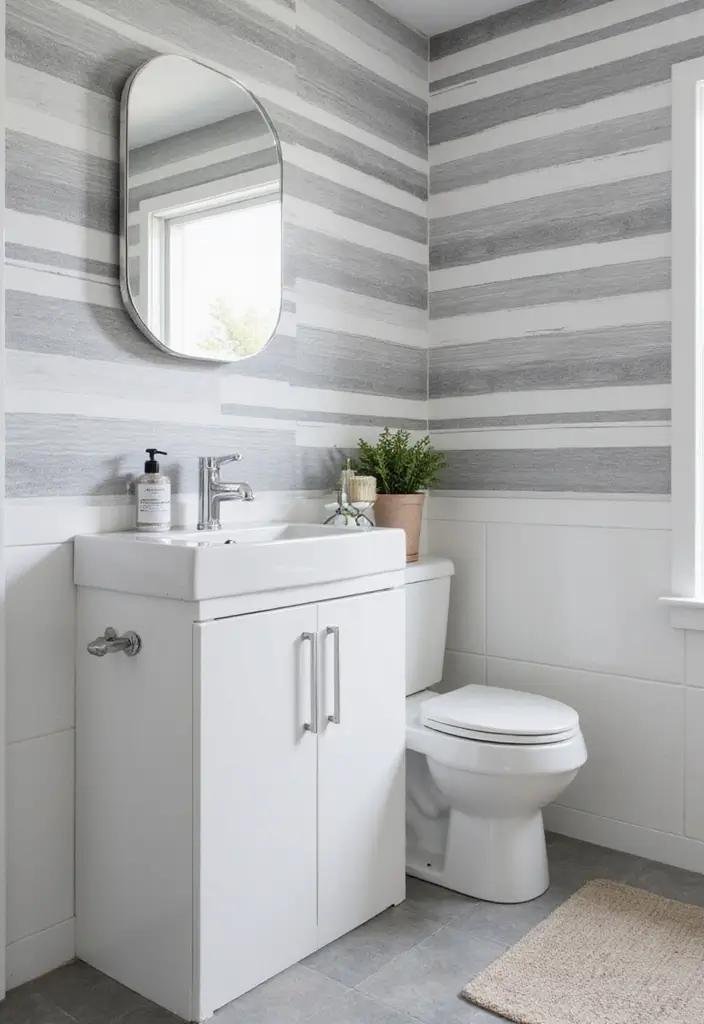 27 Bathroom Ideas Grey And White Combinations That Work - 4. Grey and White Striped Wallpaper 1