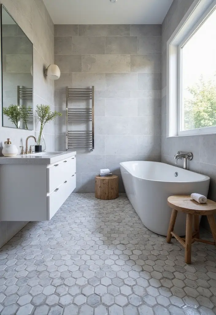 27 Bathroom Ideas Grey And White Combinations That Work - 8. Grey and White Hexagonal Tiles 1