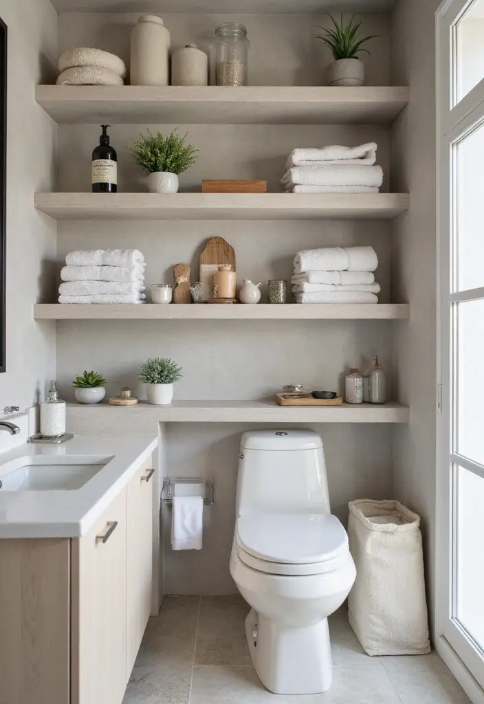 27 Bathroom Ideas Towels That Double As Decor - 24. Towel Display on Open Shelving 1