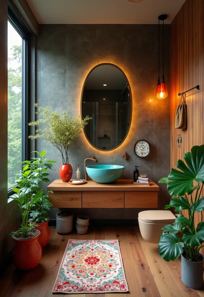 27 Bathroom Ideas Wood Floor Style And Function - 10. Colorful Accents with Dark Wood 1