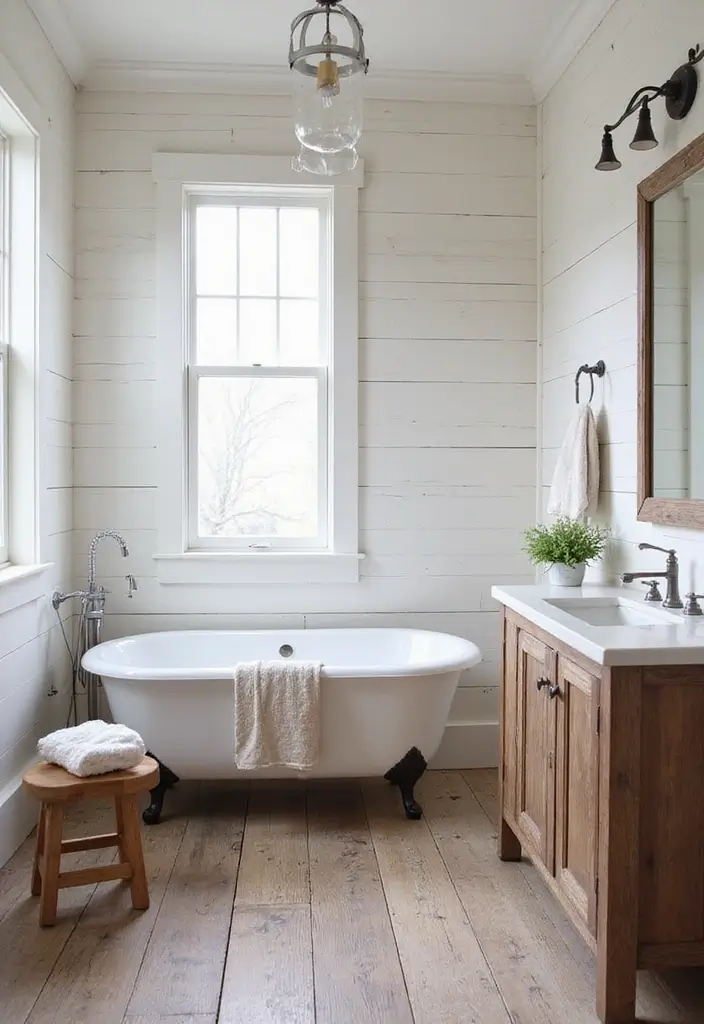 27 Bathroom Ideas Wood Floor Style And Function - 12. Modern Farmhouse Flair 1