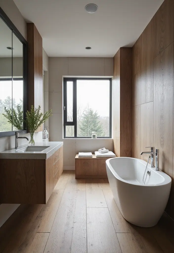 27 Bathroom Ideas Wood Floor Style And Function - 17. Monochromatic Schemes with Wood Accents 1