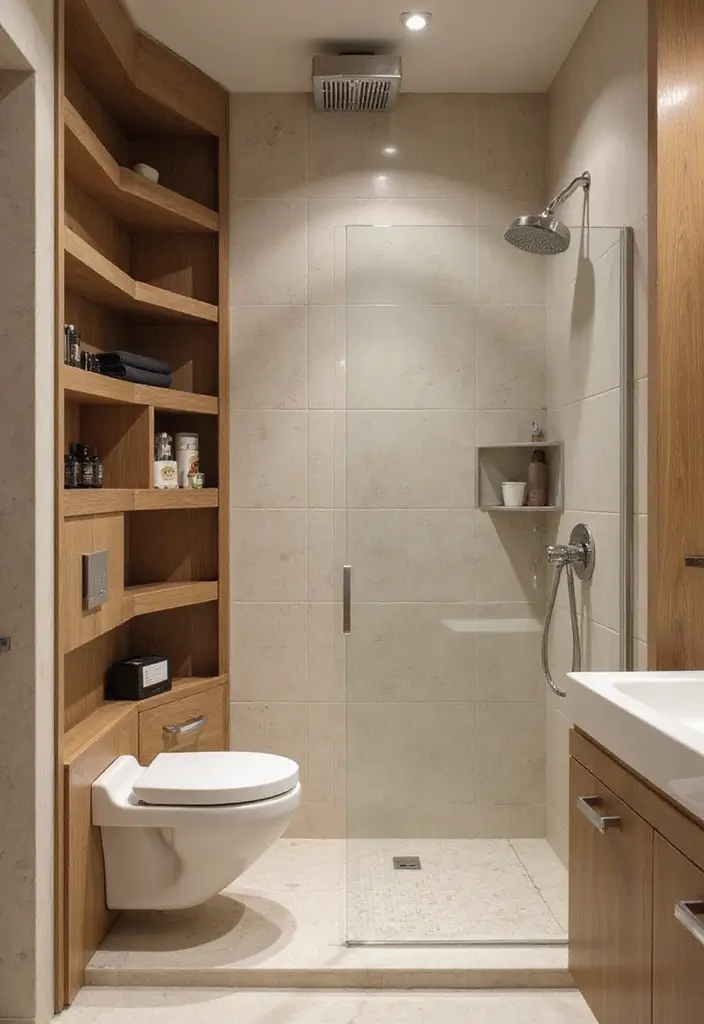 27 Bathroom Ideas Wood Floor Style And Function - 21. Shower Nooks with Wood Shelving 1