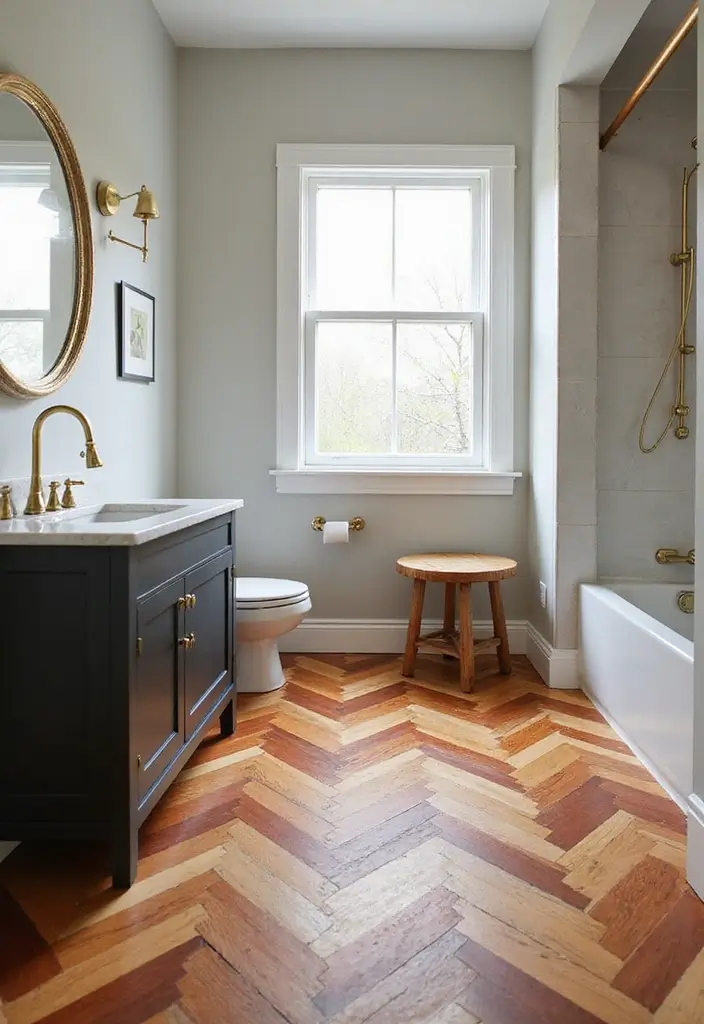 27 Bathroom Ideas Wood Floor Style And Function - 7. Two-Tone Wood Flooring Patterns 1