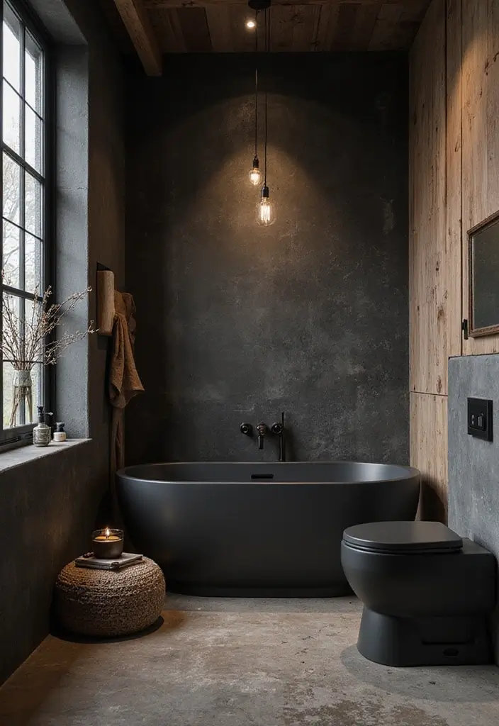 27 Black And Wood Bathroom Designs That Balance Warmth - 10. Layered Textures in Black and Wood 1