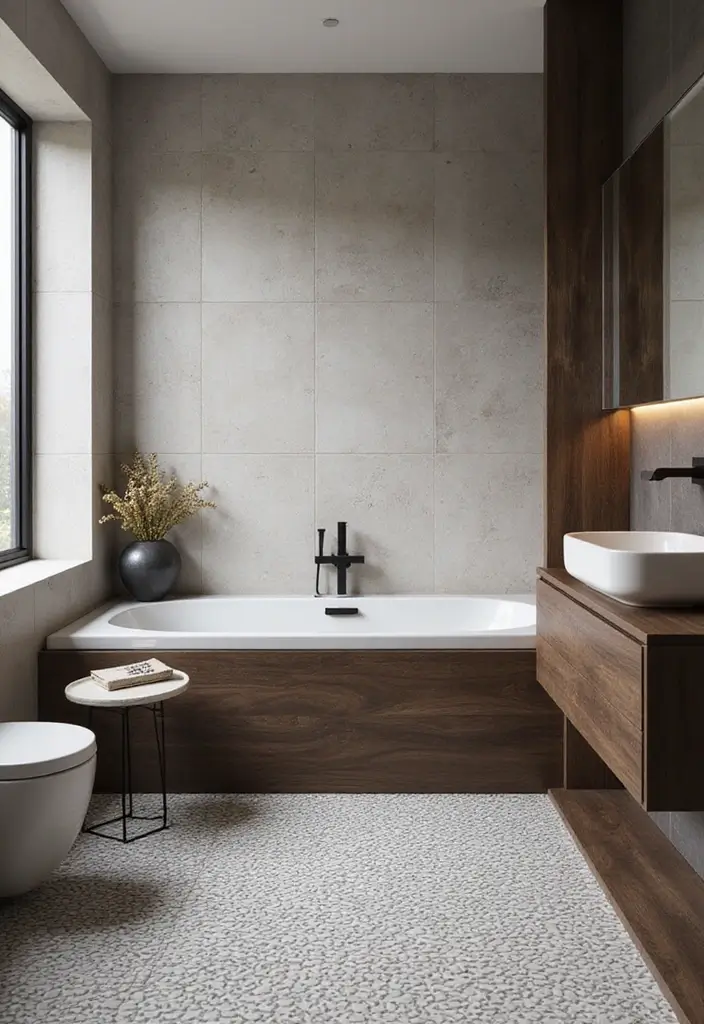 27 Black And Wood Bathroom Designs That Balance Warmth - 11. Geometric Patterns in Black and Wood 1