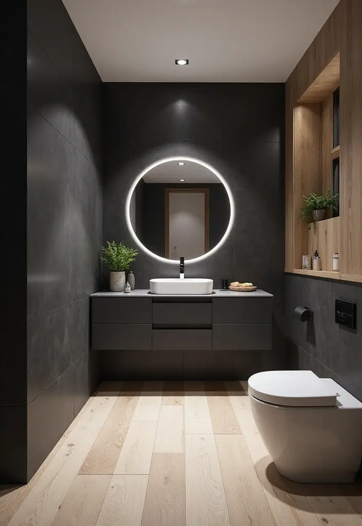 27 Black And Wood Bathroom Designs That Balance Warmth - 13. Integrated Technology with Black and Wood 1
