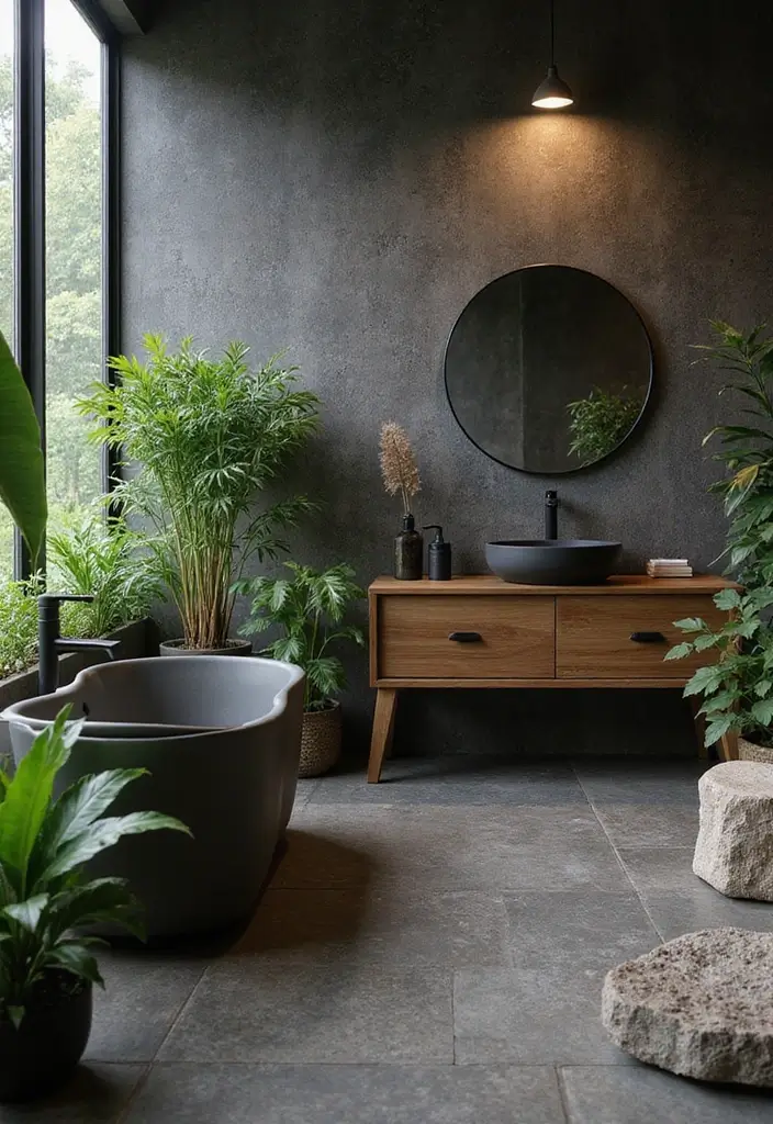 27 Black And Wood Bathroom Designs That Balance Warmth - 14. Nature-Inspired Details in Black and Wood 1