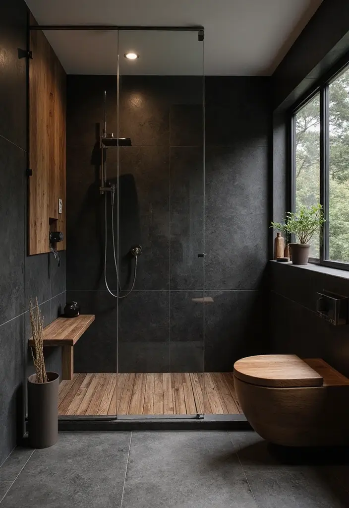27 Black And Wood Bathroom Designs That Balance Warmth - 15. Spa-like Showers with Black and Wood 1