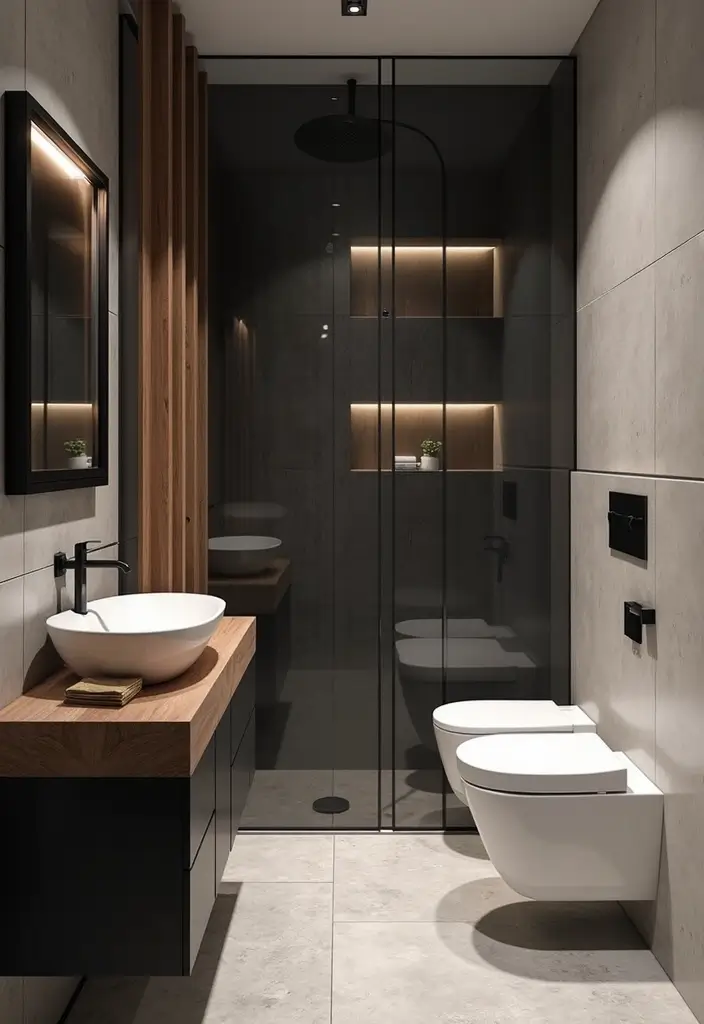 27 Black And Wood Bathroom Designs That Balance Warmth - 16. Contrast with White Elements 1
