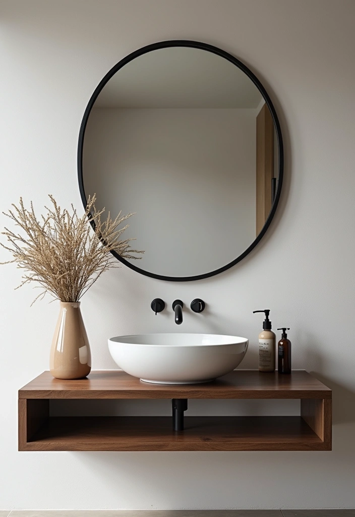 27 Black And Wood Bathroom Designs That Balance Warmth - 17. Statement Mirrors with Black and Wood 1