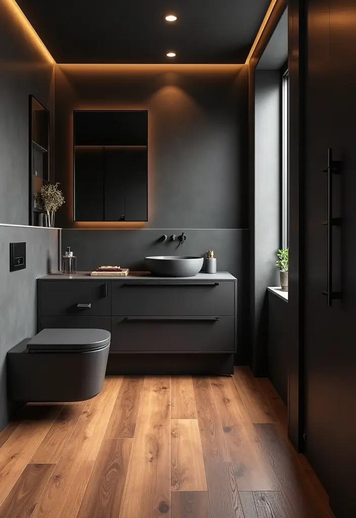 27 Black And Wood Bathroom Designs That Balance Warmth - 18. Warm Wooden Flooring with Black Accents 1