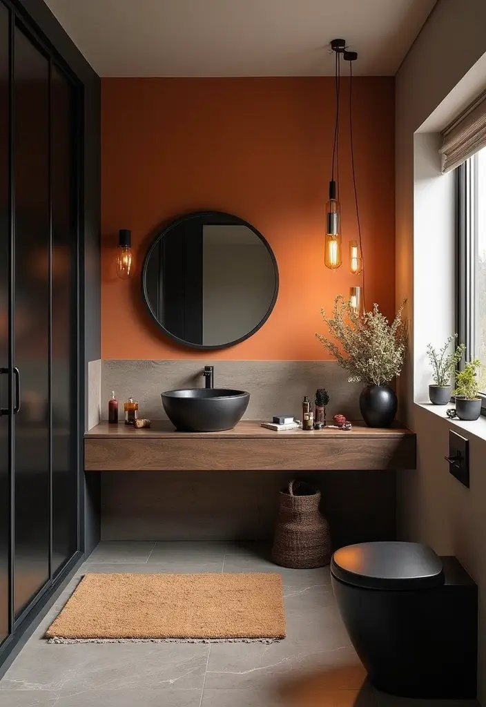 27 Black And Wood Bathroom Designs That Balance Warmth - 20. Warm Color Palettes to Complement Black and Wood 1