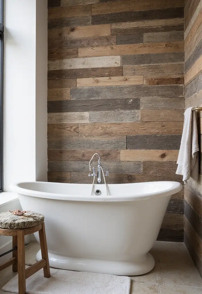 27 Black And Wood Bathroom Designs That Balance Warmth - 21. Textured Wall Treatments with Black and Wood 1