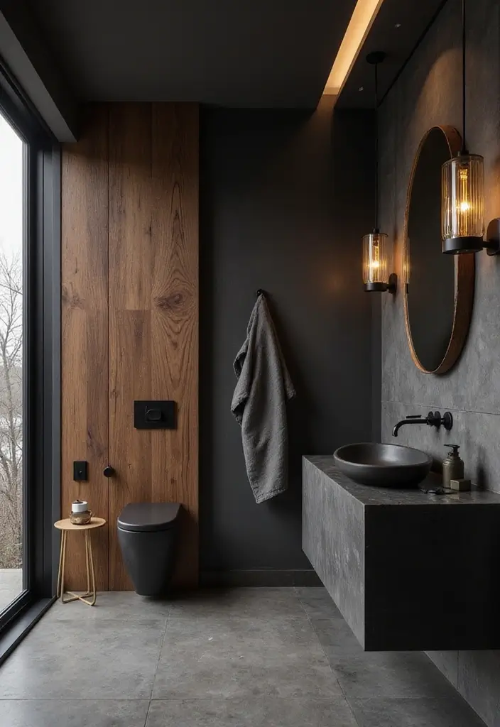 27 Black And Wood Bathroom Designs That Balance Warmth - 27. Timeless Appeal of Black and Wood 1