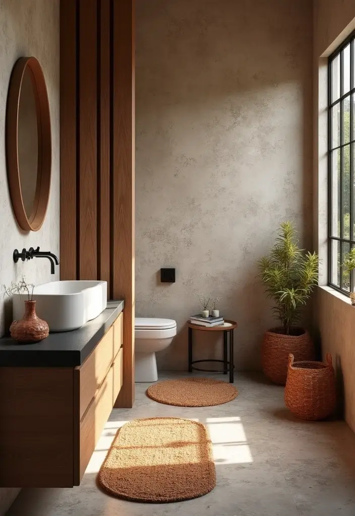 27 Black And Wood Bathroom Designs That Balance Warmth - 8. Earthy Accents with Black and Wood 1