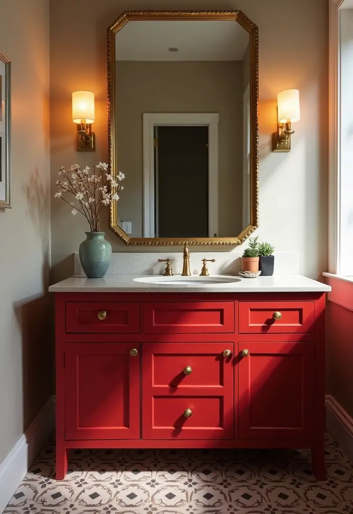 27 Colored Bathroom Vanity Ideas That Pop 8 27 Colored Bathroom Vanity Ideas That Pop - 2. Bold Red Statement 1