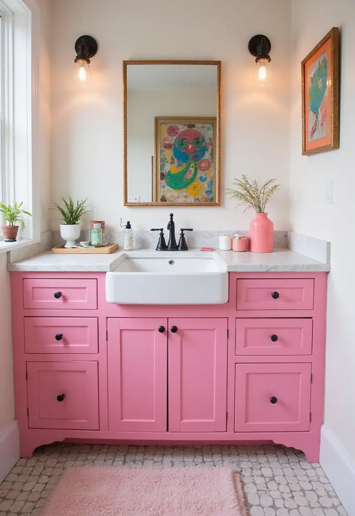 27 Colored Bathroom Vanity Ideas That Pop 132 27 Colored Bathroom Vanity Ideas That Pop - 20. Bubbly Bubblegum Pink 1