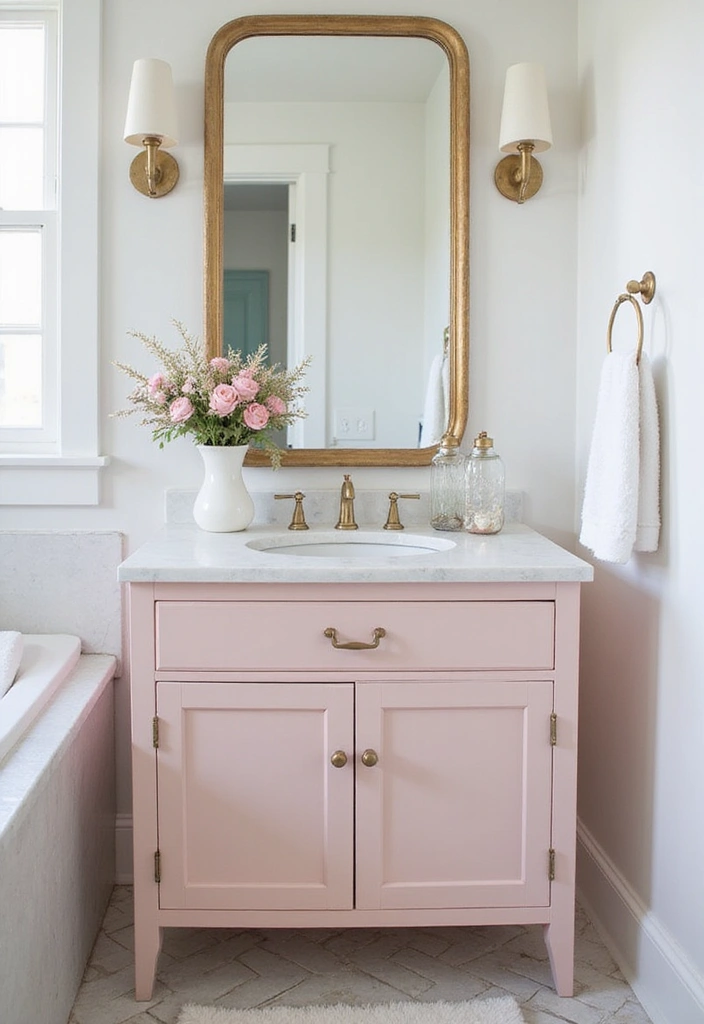 27 Colored Bathroom Vanity Ideas That Pop 15 27 Colored Bathroom Vanity Ideas That Pop - 3. Soft Pastel Pink Delight 1