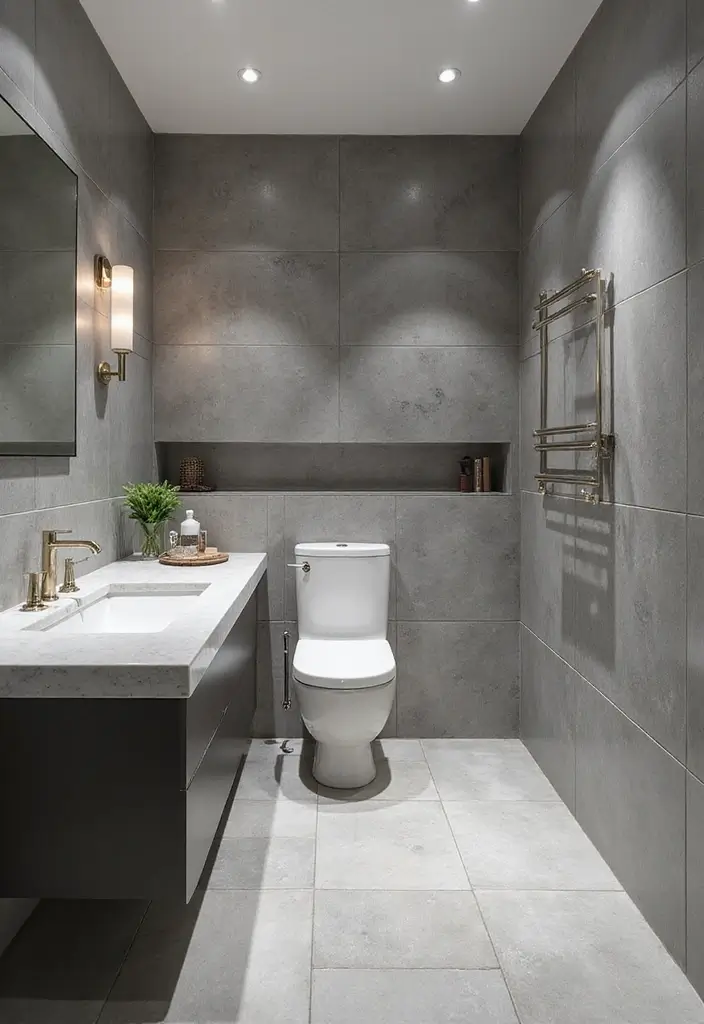 27 Gray Tile Bathroom Designs That Feel Timeless - 13. Gray Tile with Metallic Accents 1